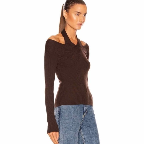 Jonathan Simkhai Leah Ribbed Cable Knit Wool Blend Sweater Chocolate - Picture 4 of 14